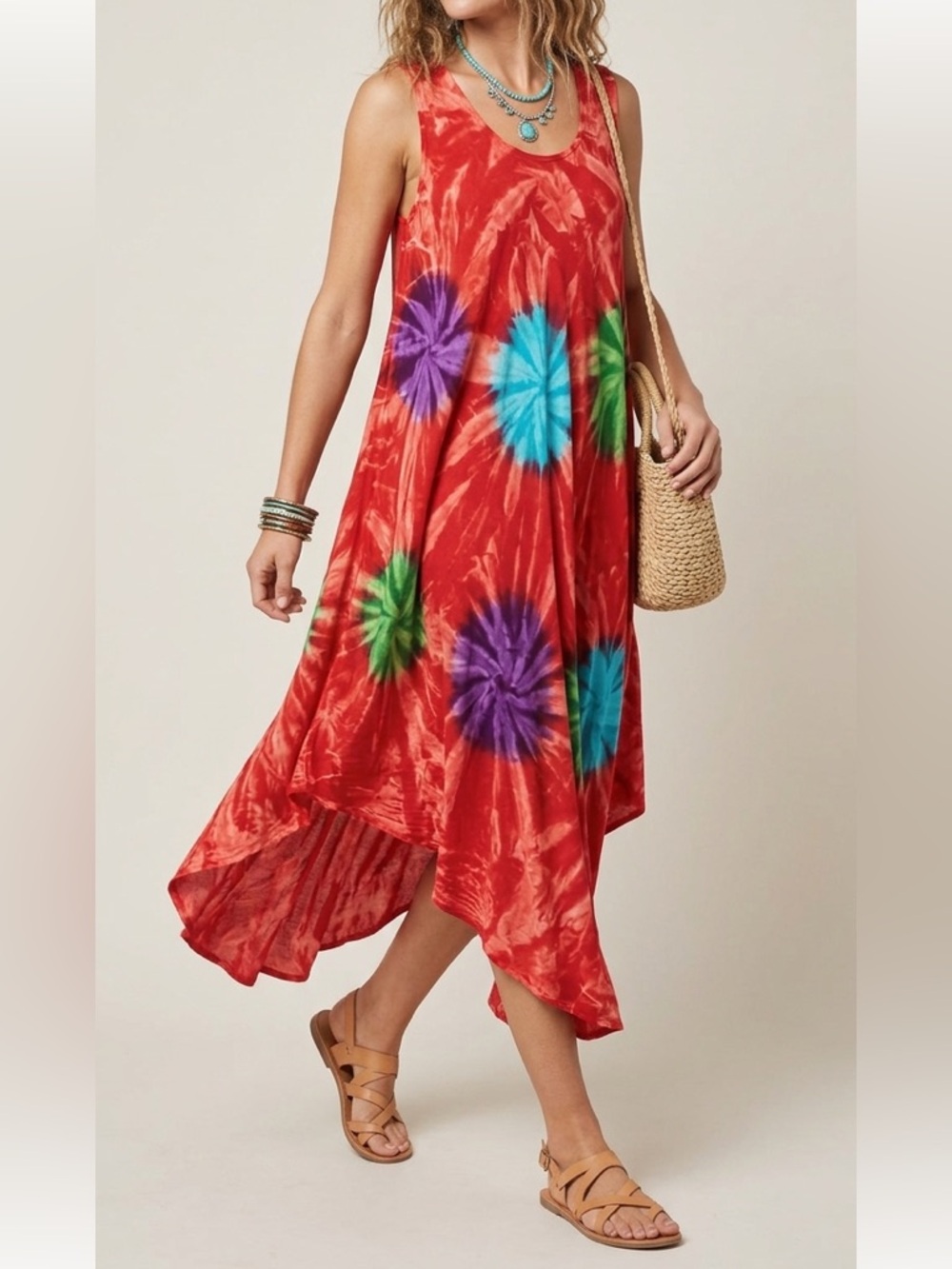 Vibrant Red Tie-Dye Sleeveless Sharkbite Midi Dress